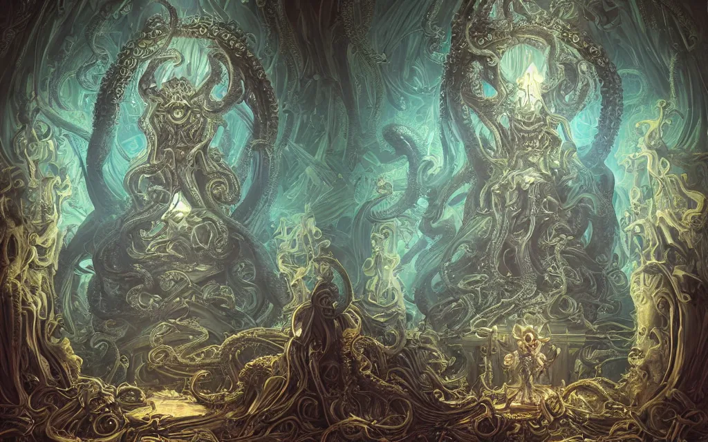 Image similar to pope priest in front of a cthulhu within a viscosity fluid lovecraft portal, intricate architecture, baroque detailed, shiny colors, high - key lighting, beautiful composition, intricate, elegant, pro photography by, highly detailed, art by artgerm and peter mohrbacher, subsurface scattering, ray tracing, vivid colors, octane render