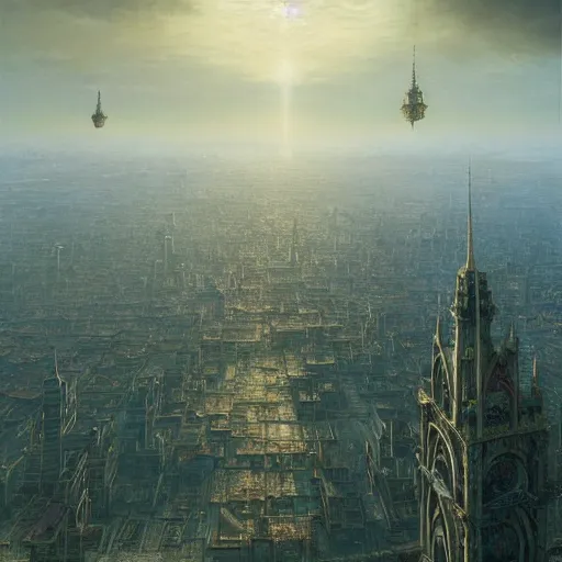 Image similar to a beautiful hyper realistic detailed matte painting of a city floating in the air might looks like creativity by john howe, greg rutkowski, aerial view, unreal engine, barometric projection, rectilinear, octane render, well - rendered, ellen jewett, beautiful surreal palatial pulsar at dawn, gustave dore, ferdinand knab, jeff easley