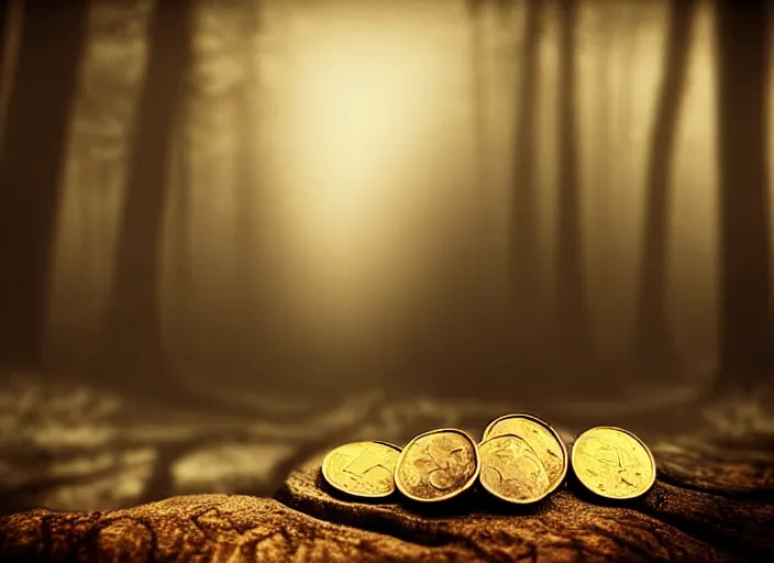 Image similar to old retro burnt out sepia photograph with scratches of an old and wrinkled hand holding a few golden coins with royal engravings. magical forest in the background with bokeh. Antique. High quality 8k. Intricate. Sony a7r iv 35mm. Award winning. Zdzislaw beksinski style