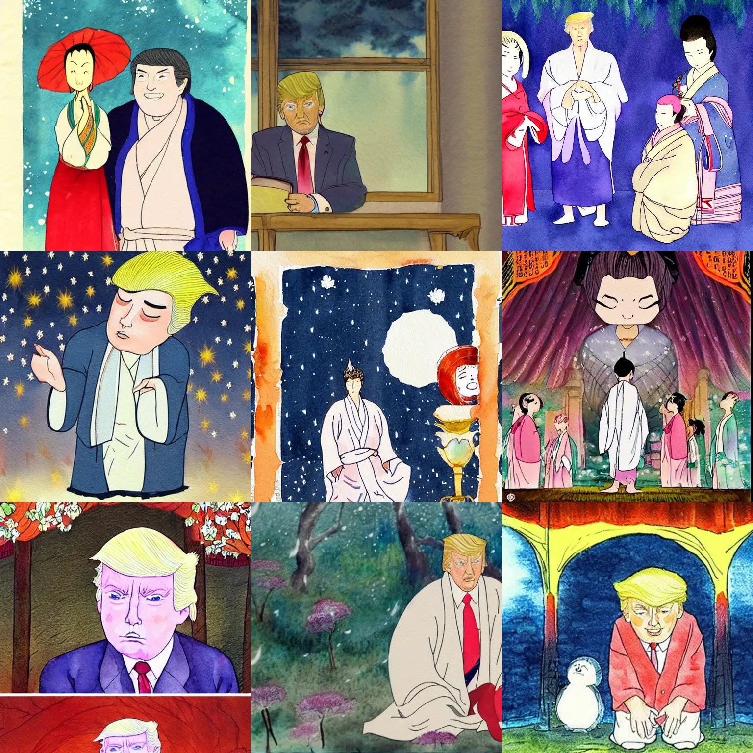 Prompt: donald trump in the tale of princess kaguya ( 2 0 1 3 ), beautiful, bright, wholesome, watercolor