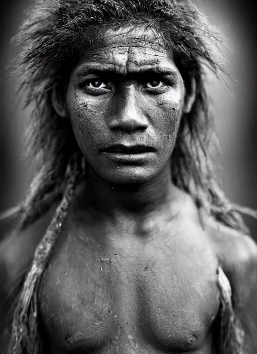 Image similar to Award winning Editorial photo of a Native Nauruans with incredible hair and beautiful hyper-detailed eyes wearing traditional garb by Lee Jeffries, 85mm ND 5, perfect lighting, gelatin silver process