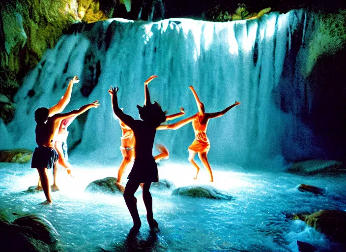 Image similar to people dancing under a waterfall highly detailed sharp zeiss lens 3 5 mm kodachrome film masterpiece ryan mcginley moonmilk cave with blue ambient lighting