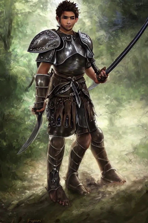 Prompt: Picture of an teenager male warrior, baggy eyes, light bown iris, wielding an sword on each hand, medium curly hair!, light brown skin!, black shirt underneath armor, mixed leather armor, blue colored, smiling, in the forest, ready for combat, high fantasy, by WLOP, Genzoman, Sakimichan and Frank Franzzeta, trending on artstation, artstationHD, artstationHQ, good, octane, cgsociety, HD, extremely detailed, detailed face!, HD 16k