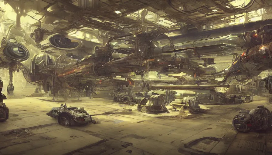 Prompt: the inside of a futuristic mechanic spaceshop, highly detailed interior, holographic screen in center frame by peter mohrbacher and craig mullins, dieselpunk, firefly, cryengine render, hyper realism, realistic shading, cinematic composition, realistic render, octane render, detailed textures, photorealistic, wide shot, fanciful, colorful