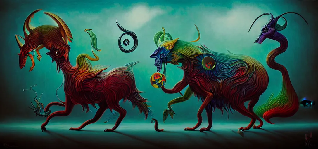 Image similar to strange mythical beasts of whimsy, surreal dark uncanny painting by ronny khalil