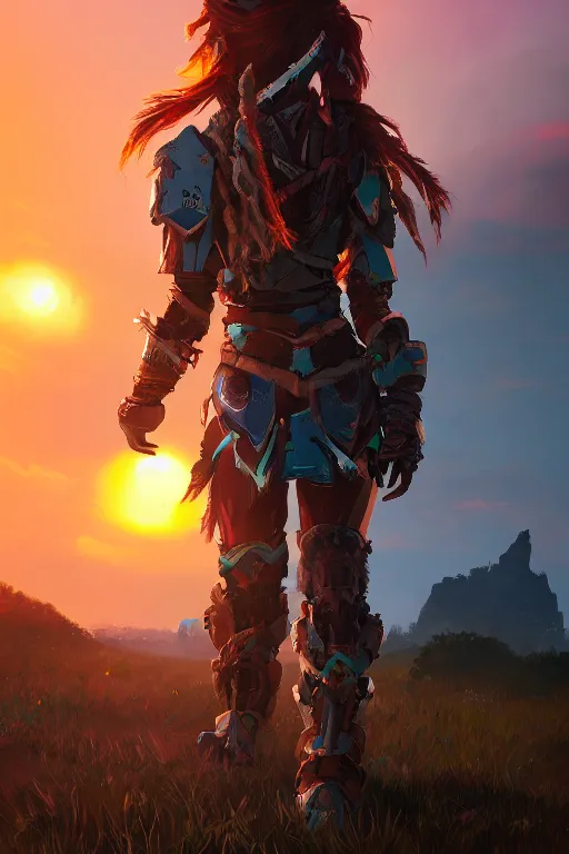 Image similar to combination suit armor aloy horizon forbidden west horizon zero dawn radiating a glowing aura global illumination ray tracing hdr fanart arstation by ian pesty and alena aenami artworks in 4 k tribal robot ninja mask helmet backpack