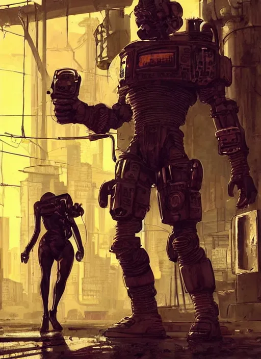 Image similar to Tough Gregory. Buff cyberpunk meathead fighting a small robot. Realistic Proportions. Epic painting by James Gurney and Laurie Greasley. Moody Industrial setting. ArtstationHQ. Creative character design for cyberpunk 2077.