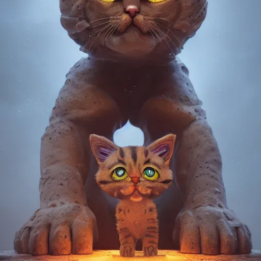 Image similar to a colossal statue of an adorable kitten, intricate artwork by beeple, third person, beautiful, full view, cinematic lighting, heavy mist, octane render, trending on artstation, greg rutkowski very coherent artwork. cinematic, hyper realism, high detail, octane render, 8k