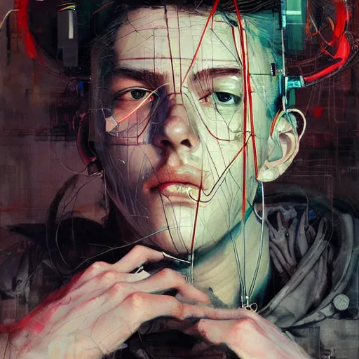 Prompt: male cyberpunk hacker dream thief, wires cybernetic implants, in the style of adrian ghenie, esao andrews, jenny saville,, surrealism, dark art by james jean, takato yamamoto