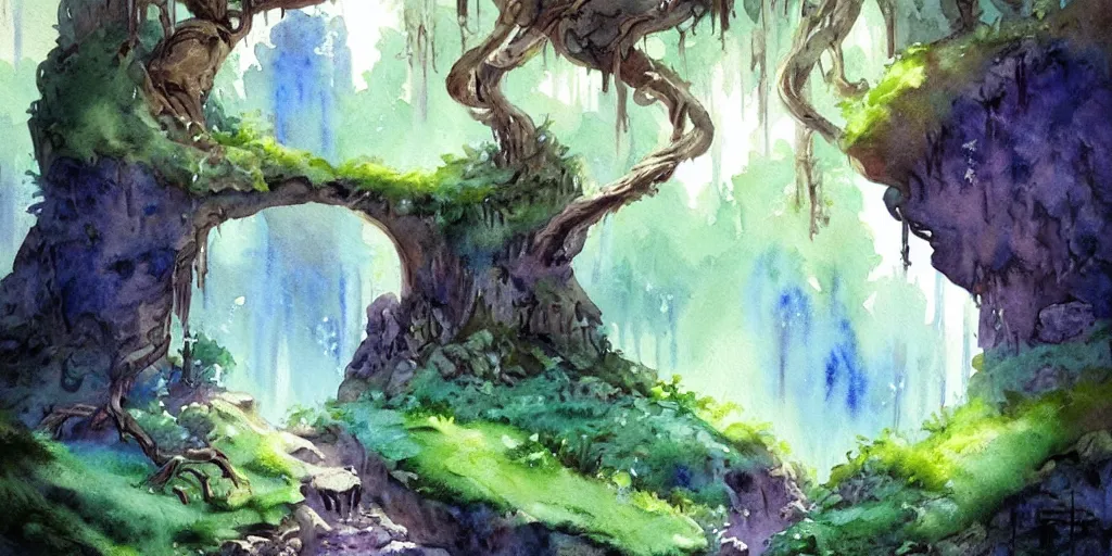 Image similar to cave entrance in the magical forest, exquisite masterpiece watercolor painting, trending on artstation