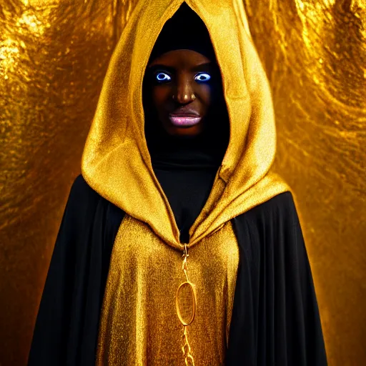 Image similar to a portrait of a young black woman wearing a long dark cloak, hood and shadows covering face, holding golden jewelry, oil painting, matte painting, black background, Volumetric Golden dappled dynamic lighting, Highly Detailed, Cinematic Lighting, Unreal Engine, 8k, HD, by Beksinski