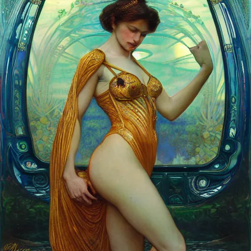 Image similar to an portrait of a beautiful alluring female goddess, detailed, centered, digital painting, artstation, concept art, donato giancola, Dante Gabriel Rossetti, alphonse mucha, Joseph Christian Leyendecker, WLOP, Boris Vallejo, Annie Leibovitz and Steve McCurry, David Lazar, Jimmy Nelsson, Breathtaking, 8k resolution, extremely detailed, beautiful, establishing shot, artistic, hyperrealistic, beautiful face, octane render