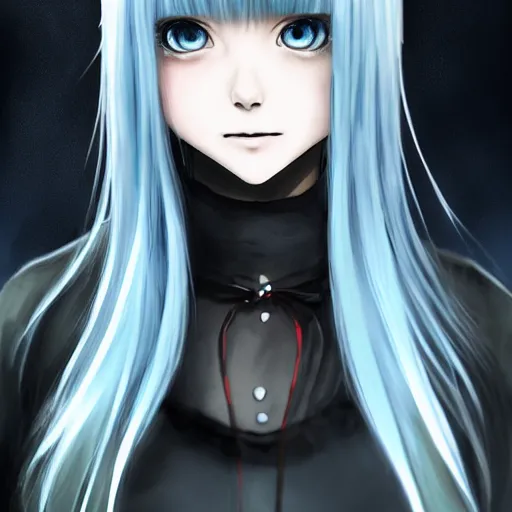 Image similar to full face shot of rimuru tempest, sky blue straight hair, long bangs, with amber eyes, wearing a fancy black jacket, high collar, ultra detailed, brush strokes, digital painting, cinematic, wlop artstation, closeup, pixiv, eerie, scary, intimidating glare, evil, yoshitaka amano, junji ito,