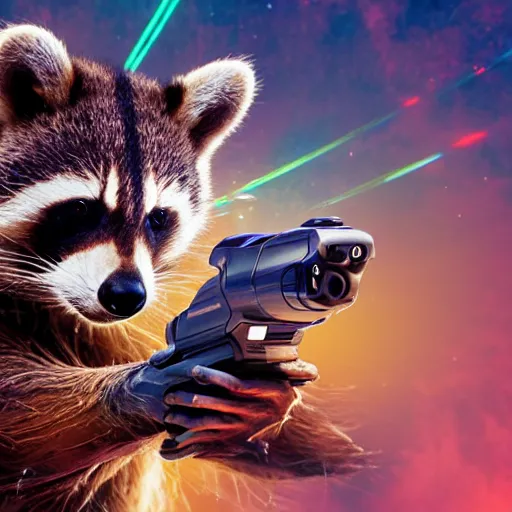 Image similar to racoon holding a laser gun, digital art, guardians of the galaxy style, centred award winning 4K