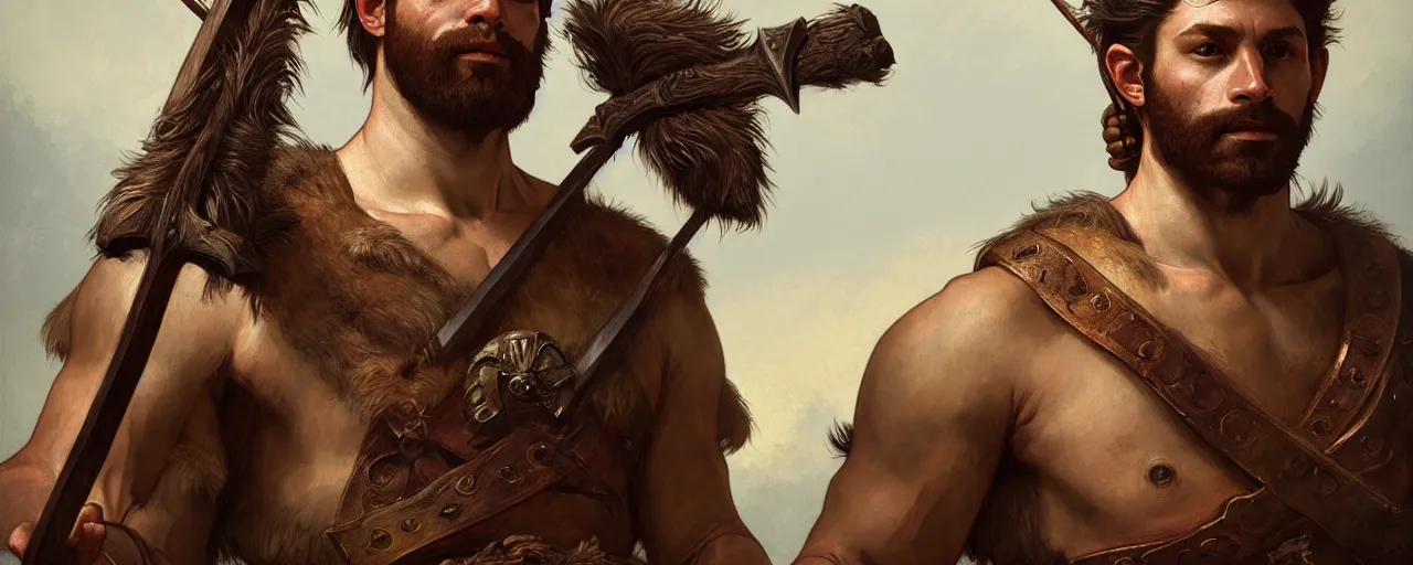 Image similar to renaissance upper body portrait of a gruff ranger with a spear, lean and toned, handsome face, hairy chest, D&D, intricate, elegant, highly detailed, digital painting, artstation, concept art, matte, sharp focus, illustration, art by da Vinci, Artgerm and Greg Rutkowski and Alphonse Mucha