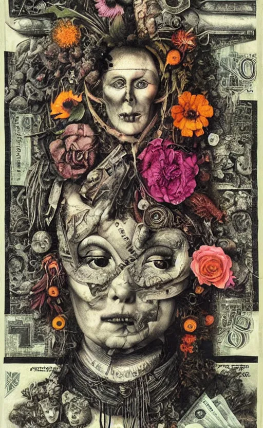 Image similar to post - punk new age album cover, asymmetrical design, dollar bank notes, capitalism, magic, apocalypse, psychedelic, black white pink, magic, giger h. r., giuseppe arcimboldo