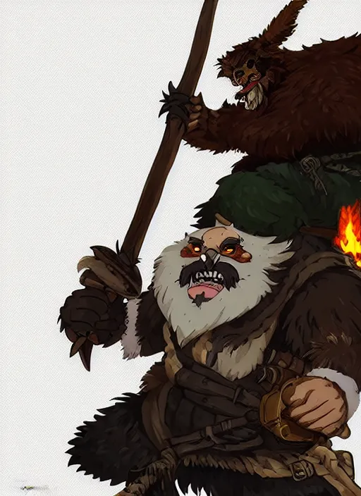 Image similar to bugbear ranger, black beard, dungeons and dragons, hunters gear, flames, character design on white background, by studio ghibli, makoto shinkai