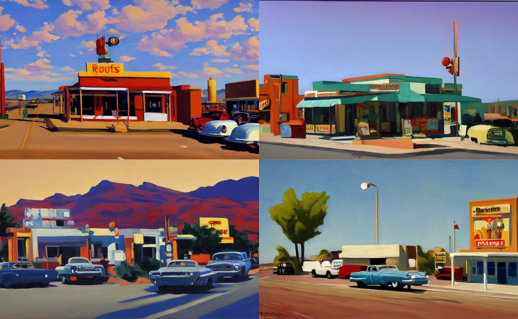 Prompt: a view of Route 66, painting by Ben Aronson and Edward Hopper