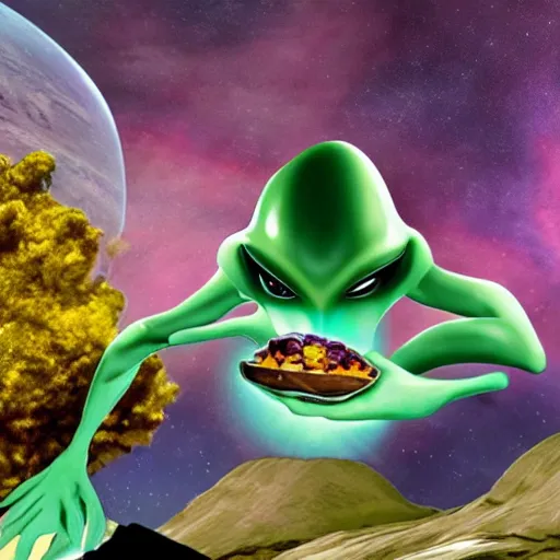 Prompt: Giant alien in space eating Earth