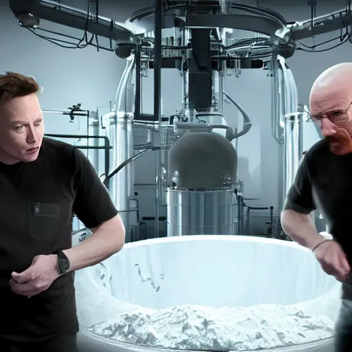 Prompt: Elon musk and Walter white making methamphetamine. 8k ultra realistic, award winning, unreal engine 5, masterpiece, atmosphere glow, hyperrealistic, focused, extreme details, cinematic