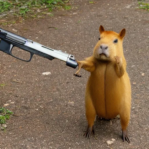 Image similar to photo of a capybara pointing a gun at you