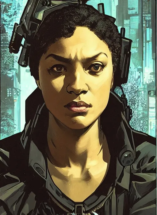 Image similar to cyberpunk blackops spy. night vision. selina igwe. portrait by ashley wood and alphonse mucha and laurie greasley and josan gonzalez and james gurney. spliner cell, apex legends, rb 6 s, hl 2, d & d, cyberpunk 2 0 7 7. realistic face. dystopian setting.