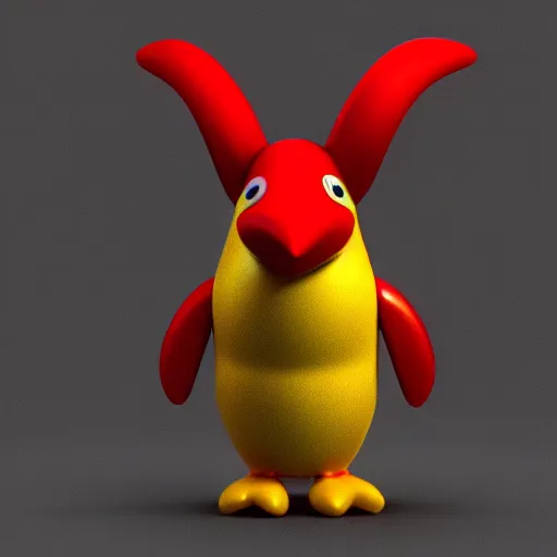 Image similar to 3 d model of a red penguin with horns wearing a belt, blender render, fully in frame