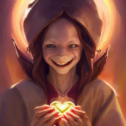 Image similar to A skinny goblin holding a shiny Sacred Heart, by Stanley Artgerm Lau, WLOP, Rossdraws, James Jean, Andrei Riabovitchev, Marc Simonetti, Yoshitaka Amano, ArtStation, CGSociety,