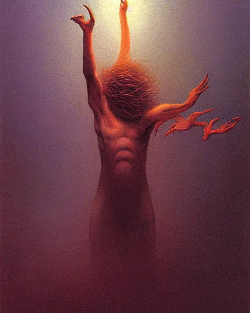 Image similar to a person conjuring!!! an image!!! from a cloud of noise!!!, by gerald brom, zdzisław beksinski, and larry elmore, intricate, chaotic, fantasy realism, hopeful, volumetric lighting