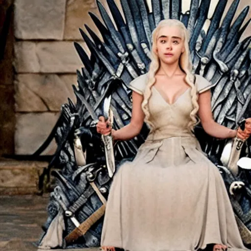Prompt: daenerys on the iron thrones surrounded by several swords