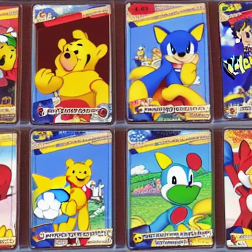 Image similar to photograph of winnie the pooh and super mario and sonic the hedgehog anime style, on pokemon card packs at target