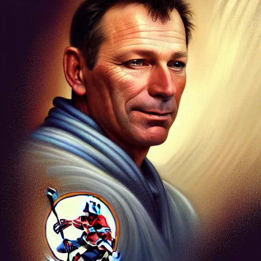 Image similar to beautiful portrait of hockey coach Clint Malarchuk, fantasy, intricate, elegant, highly detailed, digital painting, artstation, concept art, smooth, sharp focus, luxury fashion illustration, art by artgerm and greg rutkowski and alphonse mucha, brightly lit cinematic soft lighting, photorealistic