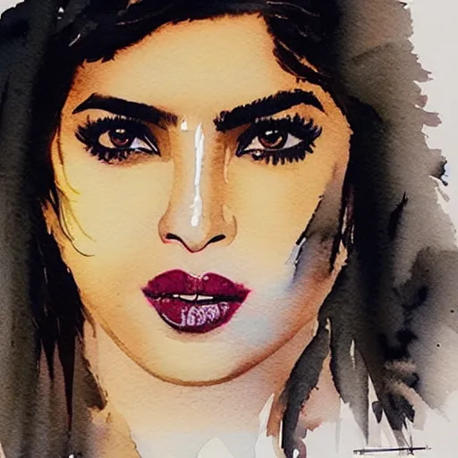 Prompt: Beautiful detailed watercolor medium shot of Priyanka Chopra by Bill Sienkiewicz, trending on pinterest