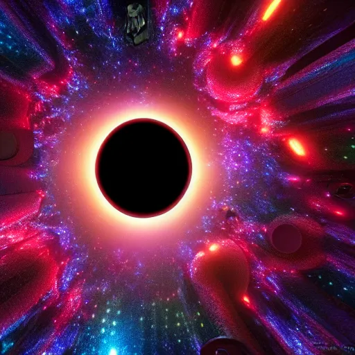 Prompt: glowing glorious 3 d ( ( ( ( black hole ) ) ) ) in movie, intergalactic, space theme, galaxy colored, hyperdetailed, digital painting, trending on artstation, cel - shading style, cg society, hyperdetailed, digital painting, hypermaximalist, golden ratio, volumetric, octane render, weta digital, micro details, 3 d sculpture