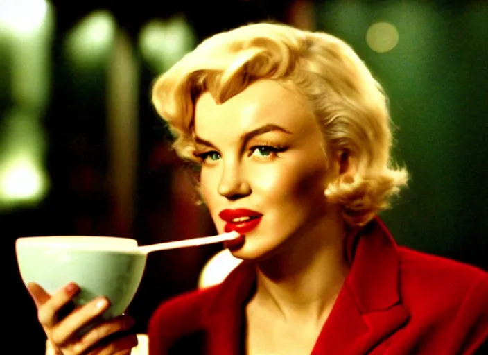 Image similar to A close-up, color cinema film still of a marlin monroe drinking coffee at a starbucks, ambient lighting at night, from Matrix(1999).