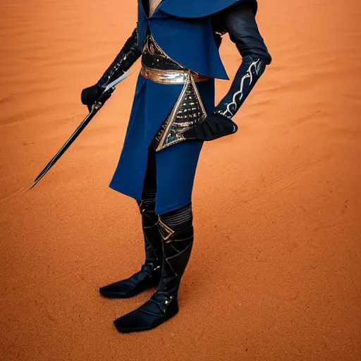 Image similar to low angle upper view of Austin Butler dressed in futuristic-baroque prussian blue duelist-garb and nanocarbon-vest and greaves, standing in an arena in Dune 2020, XF IQ4, f/1.4, ISO 200, 1/160s, 8K, RAW, unedited, symmetrical balance, face in-frame