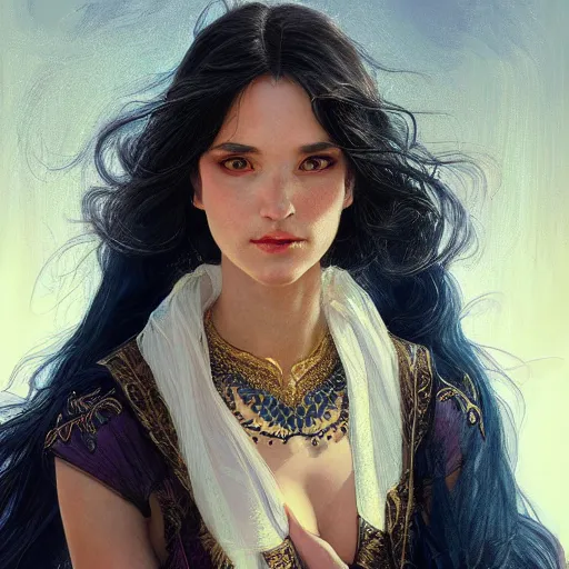 Image similar to portrait of a raven-haired female sorceress, elegant, intricate, headshot, D&D, fantasy, highly detailed, digital painting, artstation, concept art, sharp focus, illustration, art by artgerm and greg rutkowski and alphonse mucha