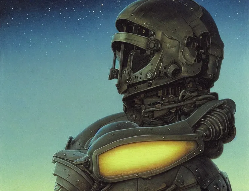 Prompt: a detailed portrait painting of a lone bounty hunter wearing combat armour and a reflective visor. Head and chest only. Dieselpunk elements. Movie scene, cinematic sci-fi scene. Flight suit, cloth and metal. portrait symmetrical and science fiction theme with lightning, aurora lighting. clouds and stars. Atmospheric. Futurism by moebius beksinski carl spitzweg moebius and tuomas korpi. baroque elements. baroque element. intricate artwork by caravaggio. Oil painting. Trending on artstation. 8k