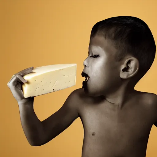 Prompt: boy eating a big piece of cheese, Tattoo, Shot on 70mm, by Wētā FX