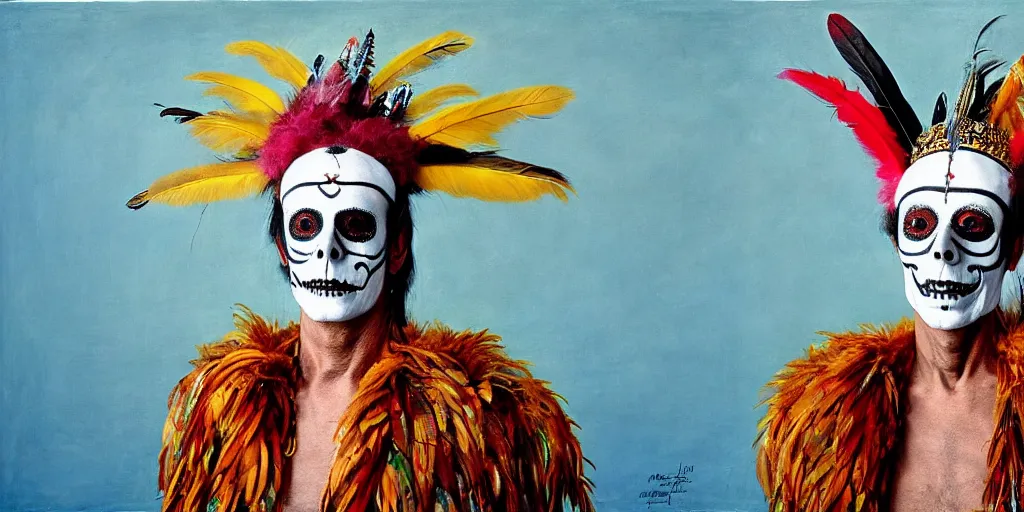 Image similar to ney matogrosso with paint on face, feathers, leather, lace, gold wings on head, tibetan skeleton dancer, painting by gottfried helnwein, leonora carrington