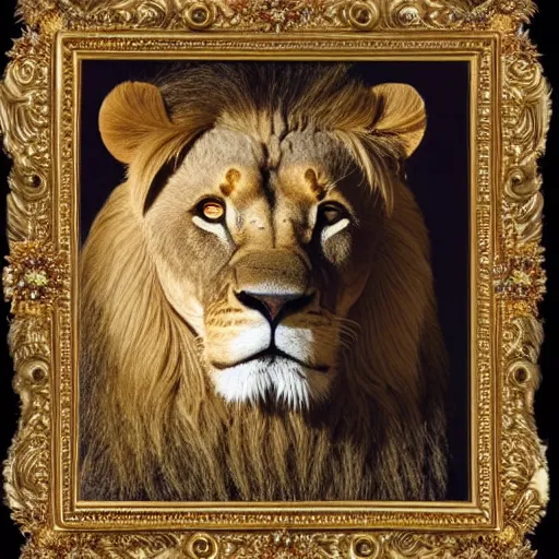 Prompt: a lion emperor adorned in jewels. hyper realistic, king, gold crown, portrait