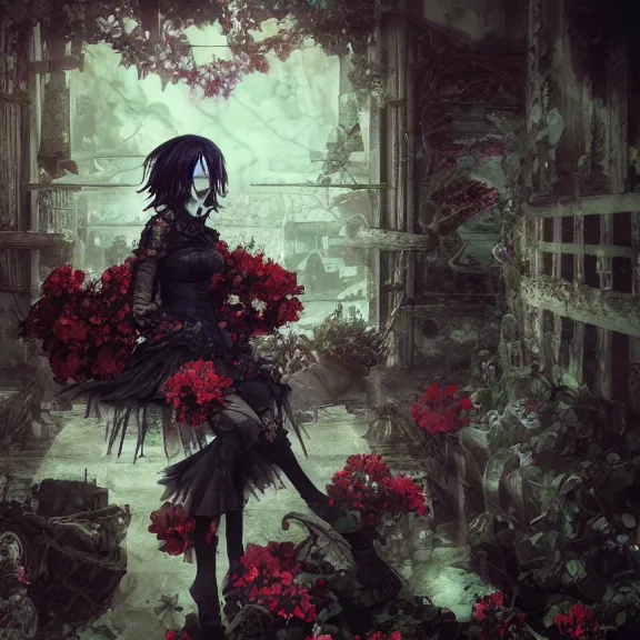 Image similar to goth christina hendricks and flowers, tankoban, 4 k, tone mapping, akihiko yoshida, james jean andrei riabovitchev marc simonetti, yoshitaka amano, long hair, curly, h. hydrochaeri