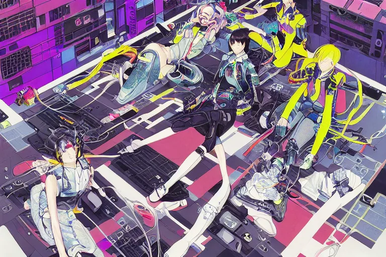 Image similar to a cyberpunk illustration of a group of four super-coherent colorful female androids dressed in seifuku in style of masamune shirow, lying scattered across an empty, white floor with their bodies rotated in different poses and cables and wires coming out, by yukito kishiro and katsuhiro otomo, hyper-detailed, intricate, bird view