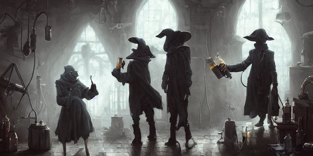 Image similar to a plague doctor and a humanoid rat in a laboratory with lots of flasks filled with magic liquids and poisonous fog, stephen bliss, unreal engine, fantasy art by greg rutkowski, loish, rhads, ferdinand knab, ilya kuvshinov, rossdraws, tom bagshaw, global illumination, radiant soft light, detailed and intricate environment