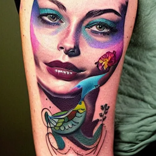 Image similar to surrealist tattoo design of margot robbie and nature mash up, in the style of arlo dicristina, amazing detail, face morph