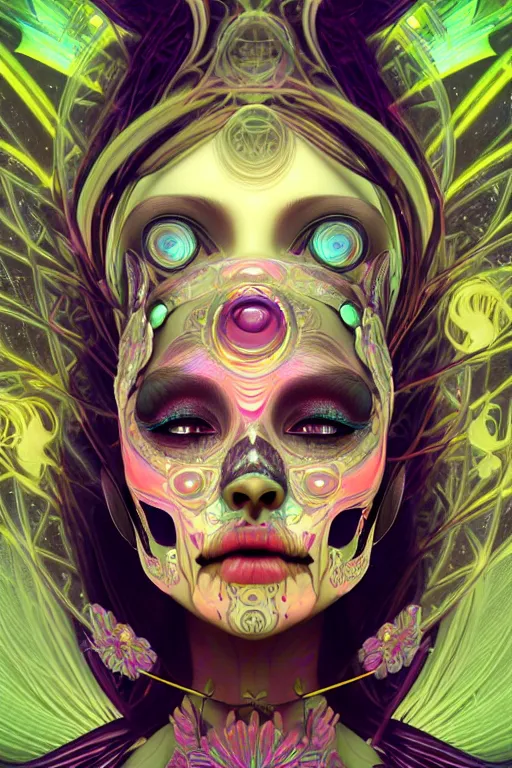 Prompt: ultra detailed female android deity, eyes closed, 8 k, flowerpunk, psychedelic vector art, digital painting, sci - fi, fantasy, moody, calm, ( dia de los muertos ), asymmetrical, concept art, art by artgerm and giger and michael welan and alphonse mucha and loish and wlop