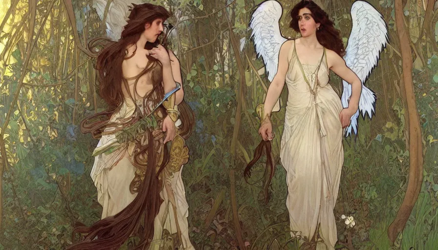 Image similar to A beautiful detailed painting of jennifer connelly as a female angel warrior in a magical forest by alphonse mucha and Kalin Popov , Trending on artstation HD.