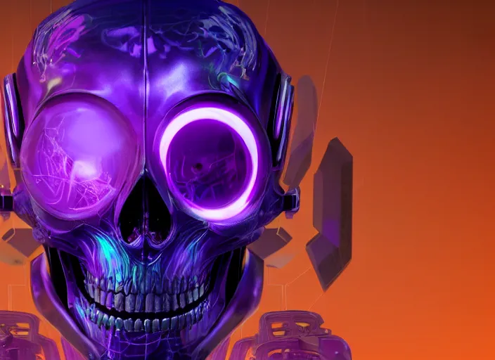 Image similar to a futuristic skull with glowing eyes and a purple background, cyberpunk art by android jones, behance contest winner, computer art, darksynth vaporwave, rendered in cinema 4 d