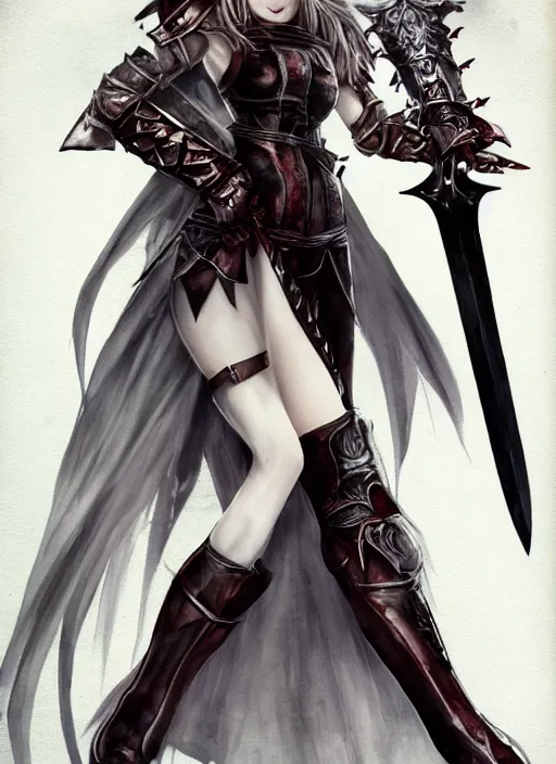 Prompt: full - body portrait, female vampire knight holding a large greatsword, lean and muscular, flying, kickboxing foot wraps, heavy plate armor, historical armor, metal mask, enchanting, elegant, seductive, smiling, ghostblade, wlop, modern fantasy, realistic proportions.