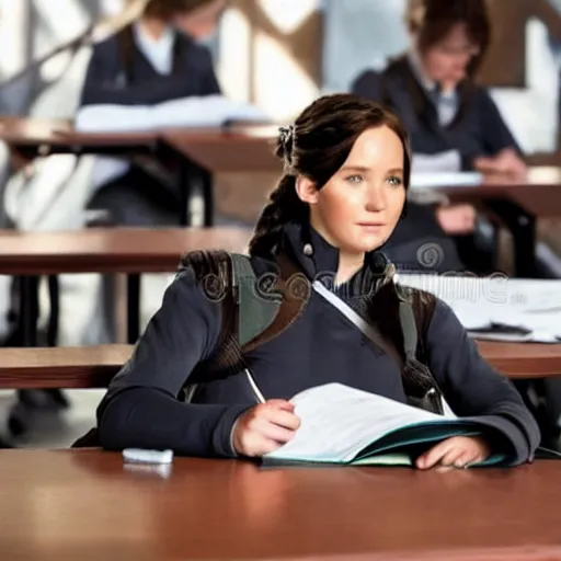 Image similar to Katniss Everdeen as a student, in an exam hall, sitting at a desk, doing her A-Level exams, stock photo